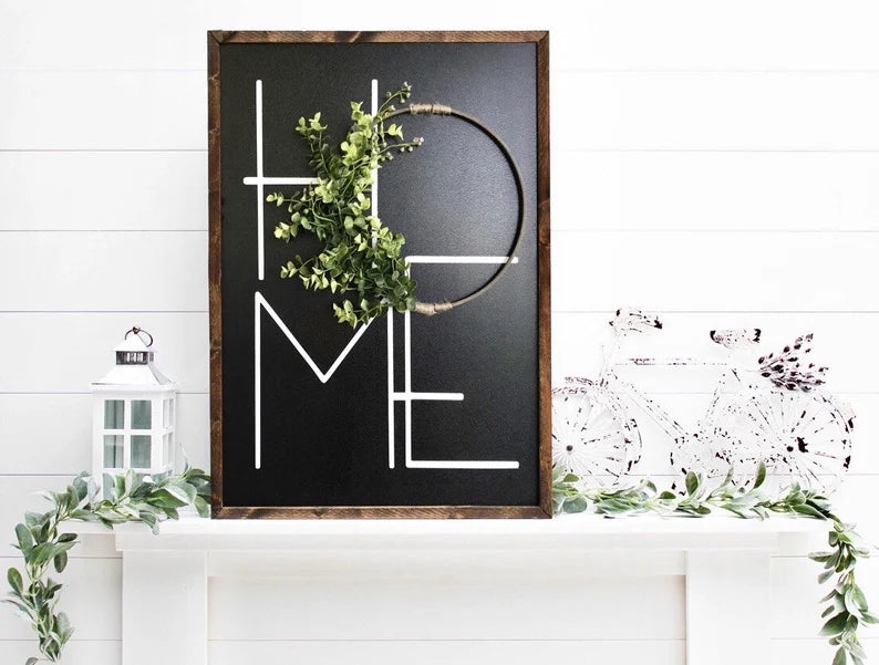 HOME Letters With Wreath - Modern Framed Wood Sign Decor